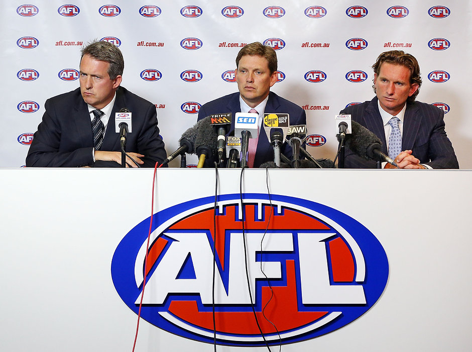 AFL 2013 Media - Essendon Press Conference 050213 Former Essendon CEO Ian Robson, former chairman David Evans and former coach James Hird at a press conference in February 2013 - ${keywords}